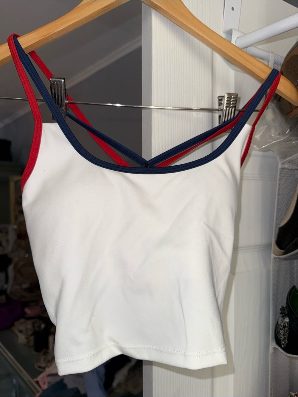 Beach Riot White Cropped Tank with Navy & Red Trim